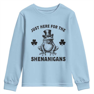 Funny St Patrick's Day Just Here For The Shenanigans Youth Sweatshirt Frog Shamrock TS11 Light Blue Print Your Wear