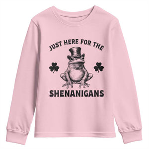 Funny St Patrick's Day Just Here For The Shenanigans Youth Sweatshirt Frog Shamrock TS11 Light Pink Print Your Wear
