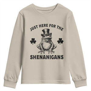 Funny St Patrick's Day Just Here For The Shenanigans Youth Sweatshirt Frog Shamrock TS11 Sand Print Your Wear