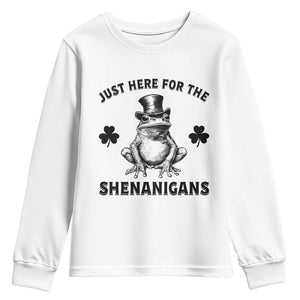 Funny St Patrick's Day Just Here For The Shenanigans Youth Sweatshirt Frog Shamrock TS11 White Print Your Wear