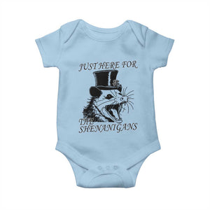 Funny St Patrick's Day Opossum Baby Onesie Just Here For The Shenanigans Shamrock TS11 Light Blue Print Your Wear