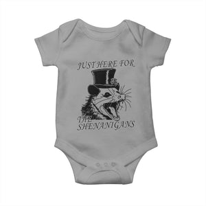 Funny St Patrick's Day Opossum Baby Onesie Just Here For The Shenanigans Shamrock TS11 Sport Gray Print Your Wear