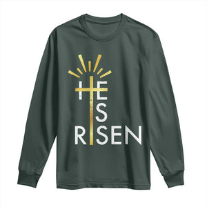 He Is Risen Long Sleeve Shirt Christian Easter Day Religious Bible Verse Cross TS11 Dark Forest Green Print Your Wear