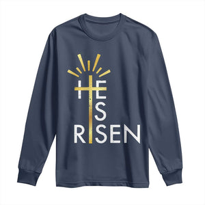 He Is Risen Long Sleeve Shirt Christian Easter Day Religious Bible Verse Cross TS11 Navy Print Your Wear