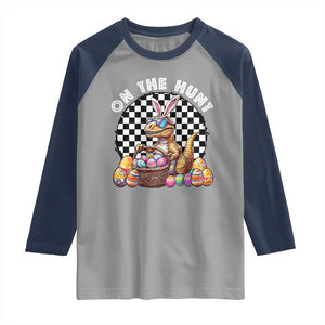 Funny Easter Day Dinosaur Bunny Raglan Shirt On The Hunt Egg Hunting TS11 Sport Gray Navy Print Your Wear