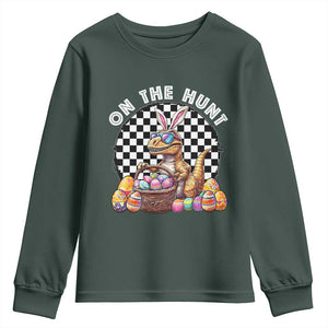 Funny Easter Day Dinosaur Bunny Youth Sweatshirt On The Hunt Egg Hunting TS11 Dark Forest Green Print Your Wear