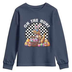 Funny Easter Day Dinosaur Bunny Youth Sweatshirt On The Hunt Egg Hunting TS11 Navy Print Your Wear