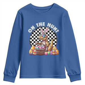 Funny Easter Day Dinosaur Bunny Youth Sweatshirt On The Hunt Egg Hunting TS11 Royal Blue Print Your Wear
