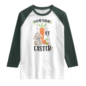 Personalized Easter Day Raglan Shirt Custom Text 1st Easter Cute Bunny Carrot TS11 White Dark Forest Green Print Your Wear