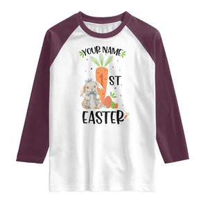 Personalized Easter Day Raglan Shirt Custom Text 1st Easter Cute Bunny Carrot TS11 White Maroon Print Your Wear