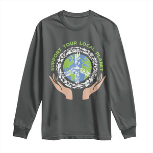 Earth Day Support Your Local Planet Long Sleeve Shirt Peace Sign Animals TS11 Dark Heather Print Your Wear