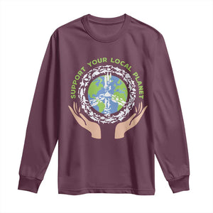 Earth Day Support Your Local Planet Long Sleeve Shirt Peace Sign Animals TS11 Maroon Print Your Wear
