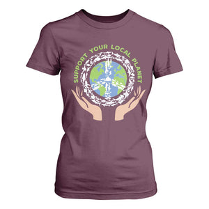 Earth Day Support Your Local Planet T Shirt For Women Peace Sign Animals TS11 Maroon Print Your Wear