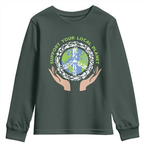 Earth Day Support Your Local Planet Youth Sweatshirt Peace Sign Animals TS11 Dark Forest Green Print Your Wear