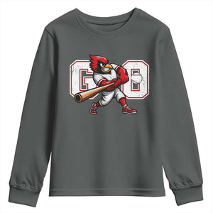 Go Cardinal Playing Baseball Graphic Youth Sweatshirt for Sports Fan TS11 Dark Heather Print Your Wear