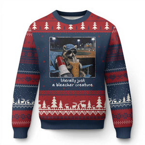 Baseball Raccoon Literally Just a Bleacher Creature Ugly Christmas Sweater Funny Trash Panda Drinking Iced Coffee Ballfield TS11 Navy Red Print Your Wear