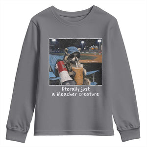 Baseball Raccoon Literally Just a Bleacher Creature Youth Sweatshirt Funny Trash Panda Drinking Iced Coffee Ballfield TS11 Charcoal Print Your Wear