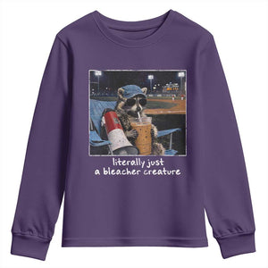 Baseball Raccoon Literally Just a Bleacher Creature Youth Sweatshirt Funny Trash Panda Drinking Iced Coffee Ballfield TS11 Purple Print Your Wear