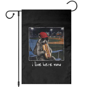Baseball Raccoon I Live Here Now Garden Flag Funny Trash Panda Eating Hot Dog Ballfield TS11 Black Print Your Wear