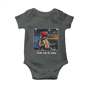 Baseball Raccoon I Live Here Now Baby Onesie Funny Trash Panda Eating Hot Dog Ballfield TS11 Dark Heather Print Your Wear