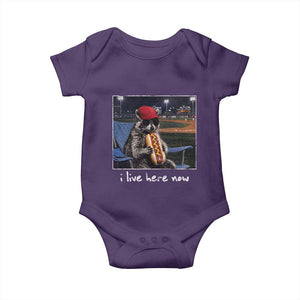 Baseball Raccoon I Live Here Now Baby Onesie Funny Trash Panda Eating Hot Dog Ballfield TS11 Purple Print Your Wear