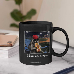 Baseball Raccoon I Live Here Now Coffee Mug Funny Trash Panda Eating Hot Dog Ballfield TS11 Print Your Wear