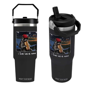 Baseball Raccoon I Live Here Now Flip Straw Tumbler Funny Trash Panda Eating Hot Dog Ballfield TS11 One Size: 30 oz Black Print Your Wear