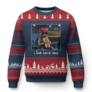 Baseball Raccoon I Live Here Now Ugly Christmas Sweater Funny Trash Panda Eating Hot Dog Ballfield TS11 Navy Red Print Your Wear