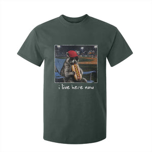 Baseball Raccoon I Live Here Now T Shirt For Kid Funny Trash Panda Eating Hot Dog Ballfield TS11 Dark Forest Green Print Your Wear