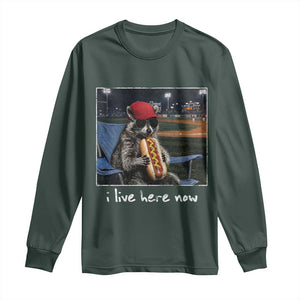 Baseball Raccoon I Live Here Now Long Sleeve Shirt Funny Trash Panda Eating Hot Dog Ballfield TS11 Dark Forest Green Print Your Wear