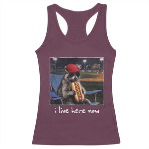 Baseball Raccoon I Live Here Now Racerback Tank Top Funny Trash Panda Eating Hot Dog Ballfield TS11 Maroon Print Your Wear