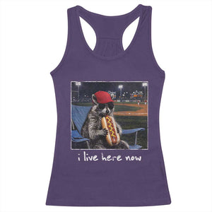 Baseball Raccoon I Live Here Now Racerback Tank Top Funny Trash Panda Eating Hot Dog Ballfield TS11 Purple Print Your Wear