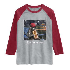 Baseball Raccoon I Live Here Now Raglan Shirt Funny Trash Panda Eating Hot Dog Ballfield TS11 Heather Gray Heather Red Print Your Wear