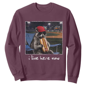 Baseball Raccoon I Live Here Now Sweatshirt Funny Trash Panda Eating Hot Dog Ballfield TS11 Maroon Print Your Wear