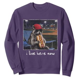 Baseball Raccoon I Live Here Now Sweatshirt Funny Trash Panda Eating Hot Dog Ballfield TS11 Purple Print Your Wear