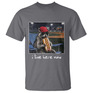 Baseball Raccoon I Live Here Now T Shirt Funny Trash Panda Eating Hot Dog Ballfield TS11 Charcoal Print Your Wear