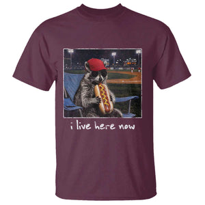 Baseball Raccoon I Live Here Now T Shirt Funny Trash Panda Eating Hot Dog Ballfield TS11 Maroon Print Your Wear