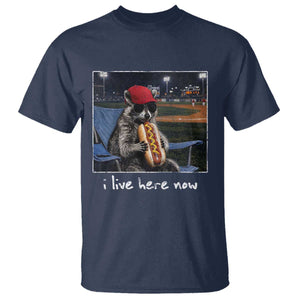 Baseball Raccoon I Live Here Now T Shirt Funny Trash Panda Eating Hot Dog Ballfield TS11 Navy Print Your Wear