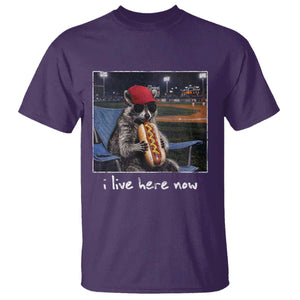Baseball Raccoon I Live Here Now T Shirt Funny Trash Panda Eating Hot Dog Ballfield TS11 Purple Print Your Wear