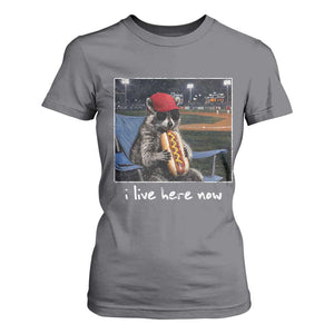Baseball Raccoon I Live Here Now T Shirt For Women Funny Trash Panda Eating Hot Dog Ballfield TS11 Charcoal Print Your Wear