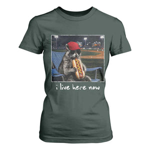 Baseball Raccoon I Live Here Now T Shirt For Women Funny Trash Panda Eating Hot Dog Ballfield TS11 Dark Forest Green Print Your Wear