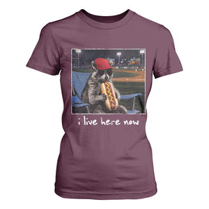 Baseball Raccoon I Live Here Now T Shirt For Women Funny Trash Panda Eating Hot Dog Ballfield TS11 Maroon Print Your Wear