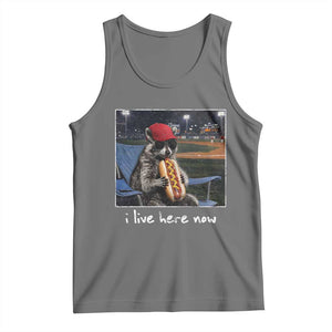 Baseball Raccoon I Live Here Now Tank Top Funny Trash Panda Eating Hot Dog Ballfield TS11 Black Heather Print Your Wear