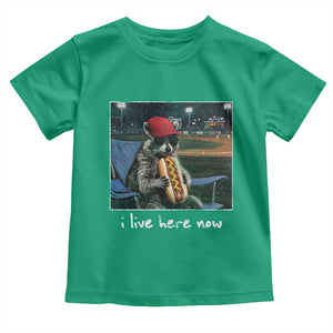 Baseball Raccoon I Live Here Now Toddler T Shirt Funny Trash Panda Eating Hot Dog Ballfield TS11 Irish Green Print Your Wear
