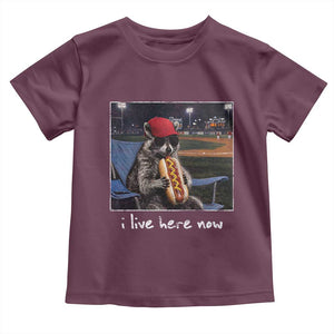 Baseball Raccoon I Live Here Now Toddler T Shirt Funny Trash Panda Eating Hot Dog Ballfield TS11 Maroon Print Your Wear