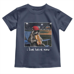 Baseball Raccoon I Live Here Now Toddler T Shirt Funny Trash Panda Eating Hot Dog Ballfield TS11 Navy Print Your Wear
