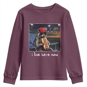 Baseball Raccoon I Live Here Now Youth Sweatshirt Funny Trash Panda Eating Hot Dog Ballfield TS11 Maroon Print Your Wear