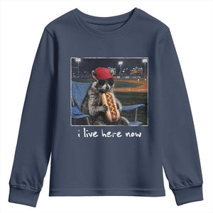 Baseball Raccoon I Live Here Now Youth Sweatshirt Funny Trash Panda Eating Hot Dog Ballfield TS11 Navy Print Your Wear