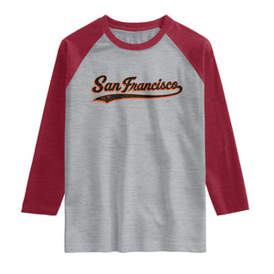 San Francisco Sports Script Retro Baseball Lovers Proud City Raglan Shirt TS11 Heather Gray Heather Red Print Your Wear