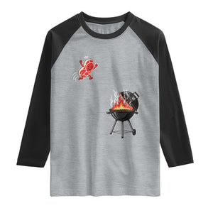 Funny BBQ Steak Meme Cute Meat Jumping Into Grill Raglan Shirt TS11 Heather Gray Black Print Your Wear